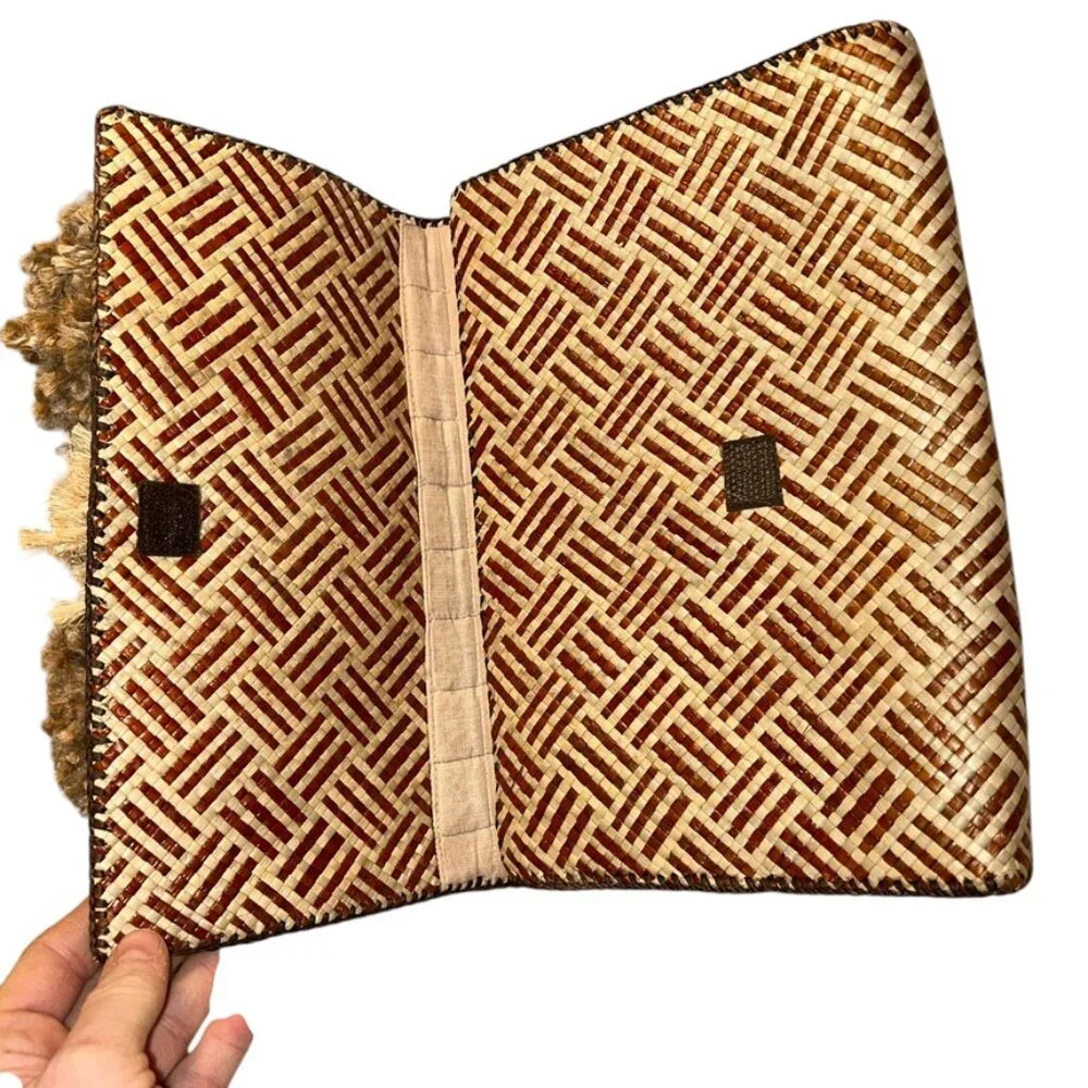Summer sisal handmade pom poms embellished Phillipines straw clutch bag purse